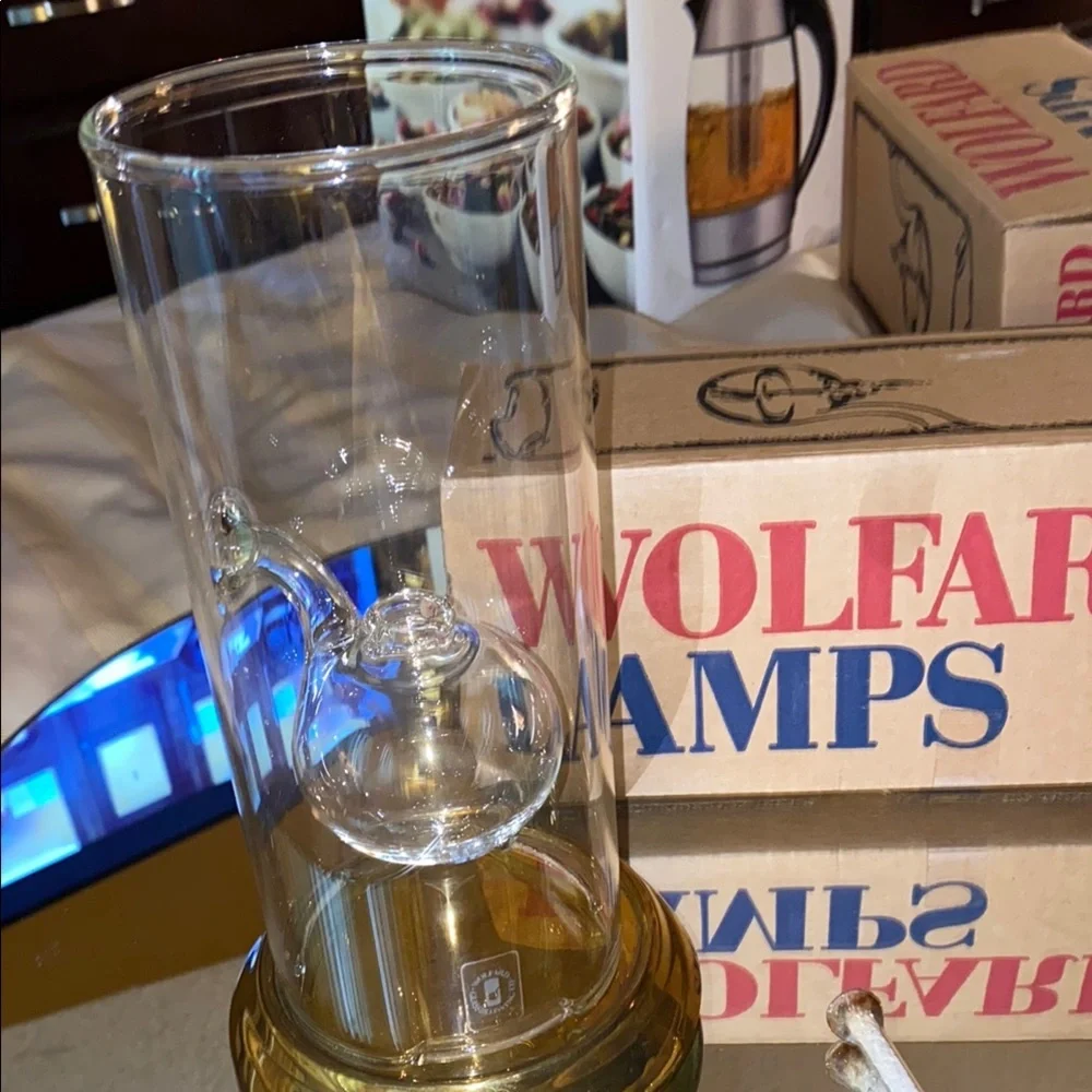 Box41 9” Wolfard Glass Oil Lamp with Brass Base in Original Box